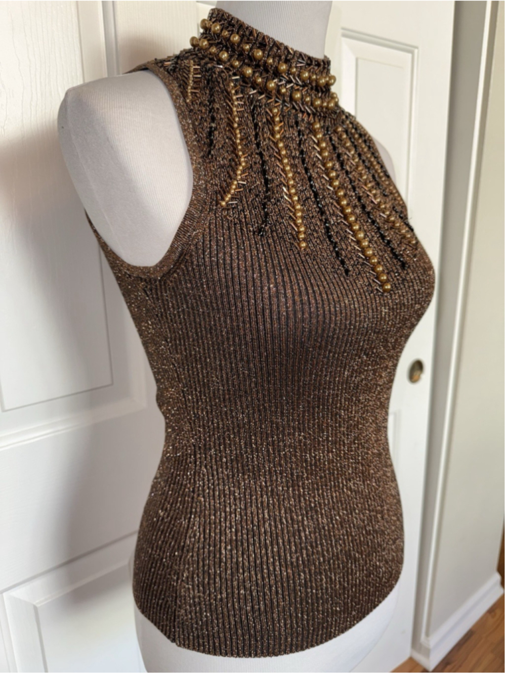 Vintage Cache Y2K Silk Blend Metallic Beaded Mock Neck Top M Party Going Out - Picture 3 of 12